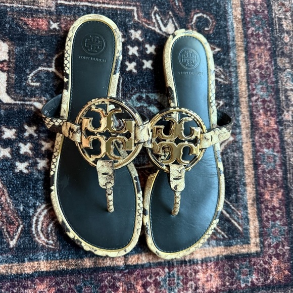 Tory Burch Shoes - Tory Burch Metal Miller Stamped Snake Printed Leather Sandals Desert Roccia